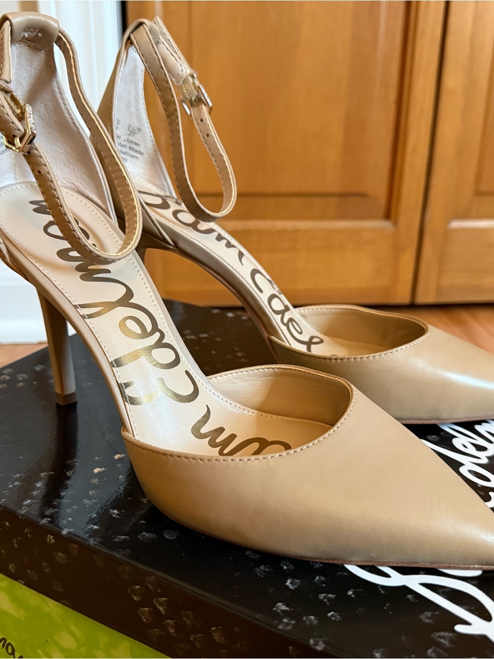Sam Edelman Beige Pointed-Toe Ankle-Strap Stilettos